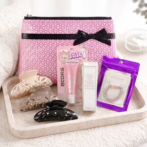 Pink Cosmetic Pouch Satin Lips Lip Gloss And Hair Clips Bundle